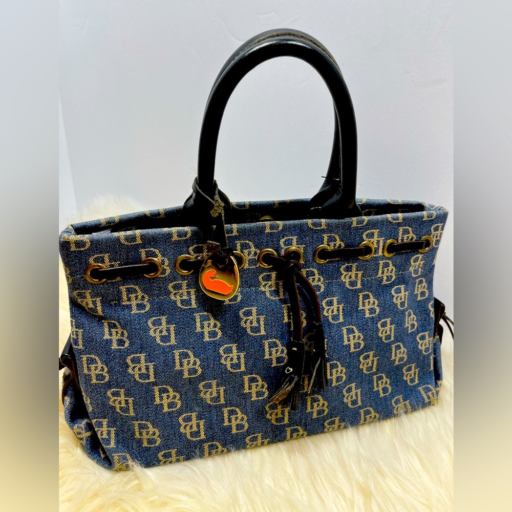 Dooney & Bourke Monogram Denim Crossbody/ Mini Satchel Leather Trim & Tassels